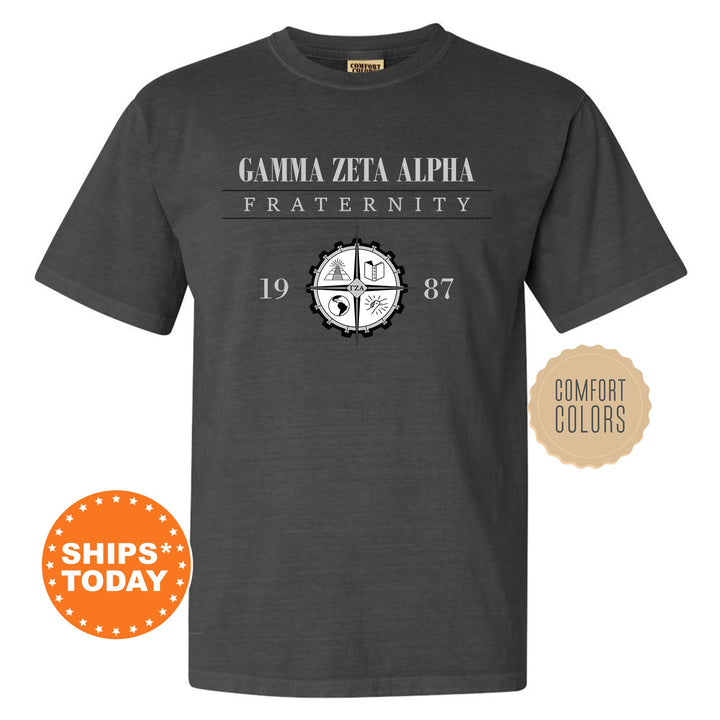 a black t - shirt with the words gama zeta alpha fraternity on it