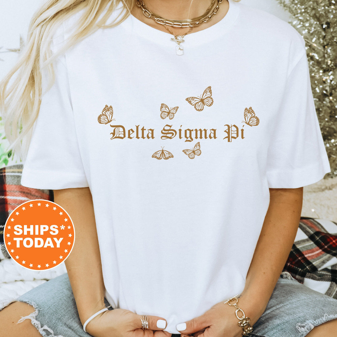 a woman wearing a white t - shirt that says delta signa pi
