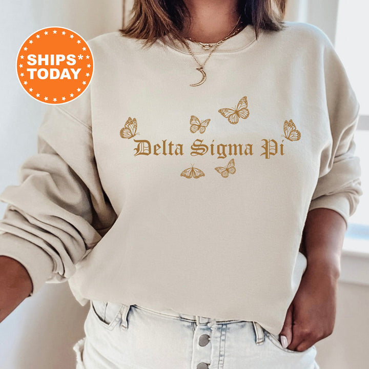 a woman wearing a sweatshirt that says delta signa di