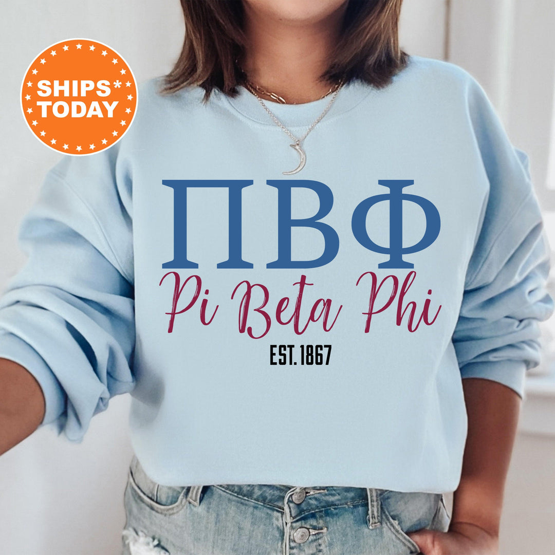 a woman wearing a sweatshirt that says pi beta phi