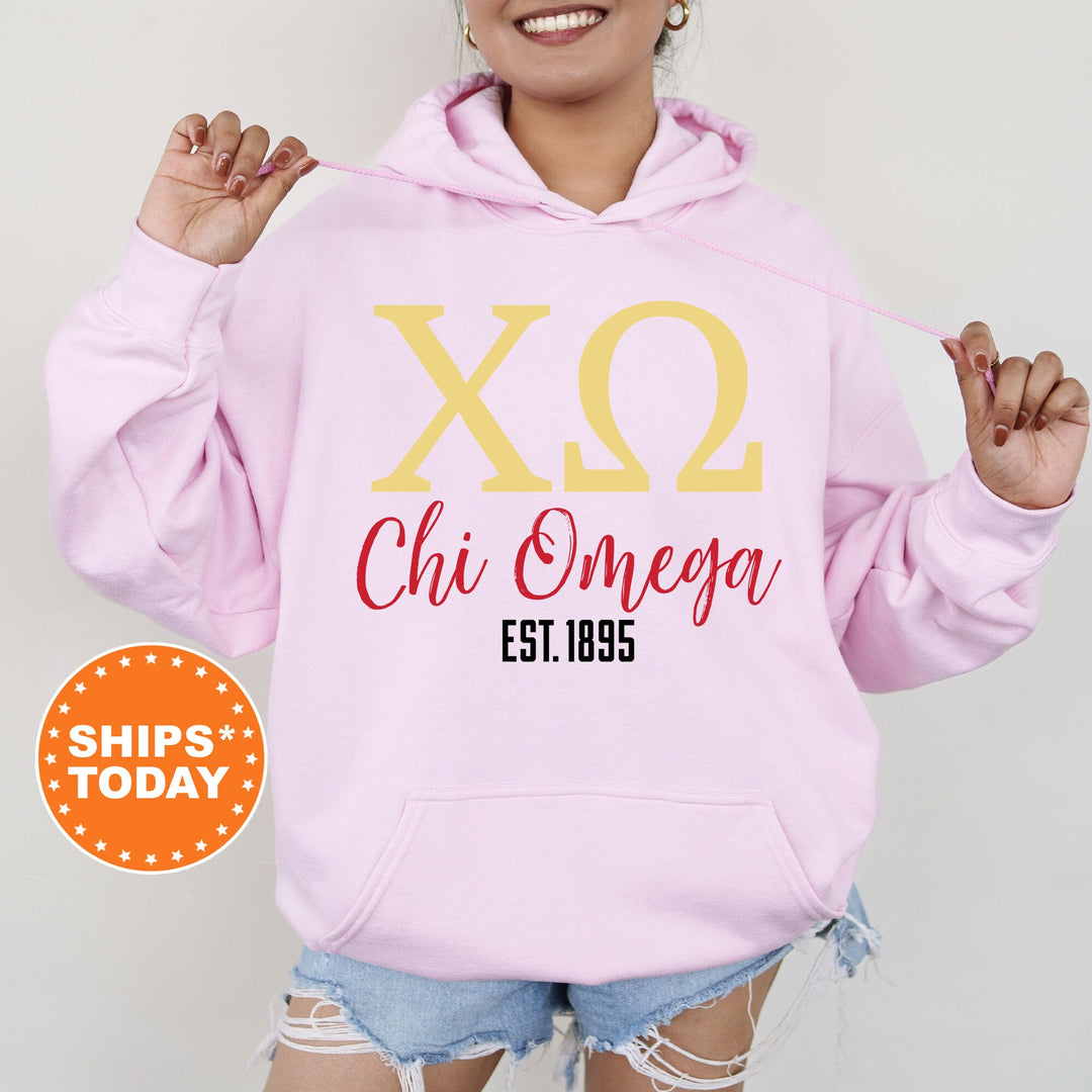 a woman wearing a pink hoodie that says xo chi omega est