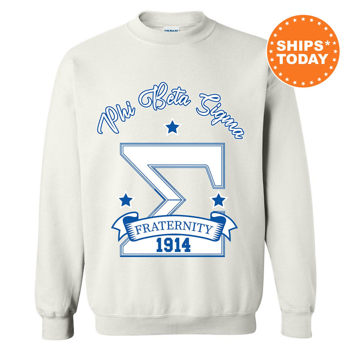 a white sweatshirt with a blue and white logo