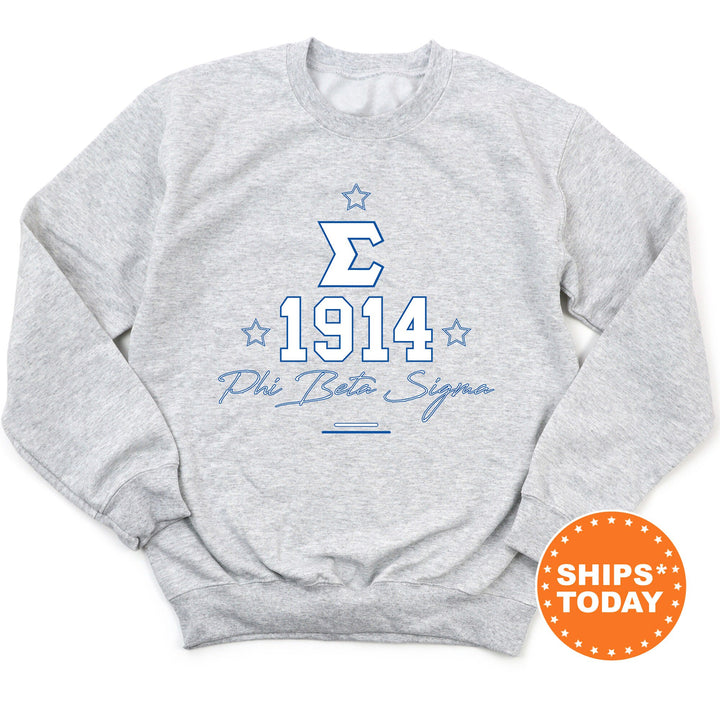 a gray sweatshirt with a blue and white logo