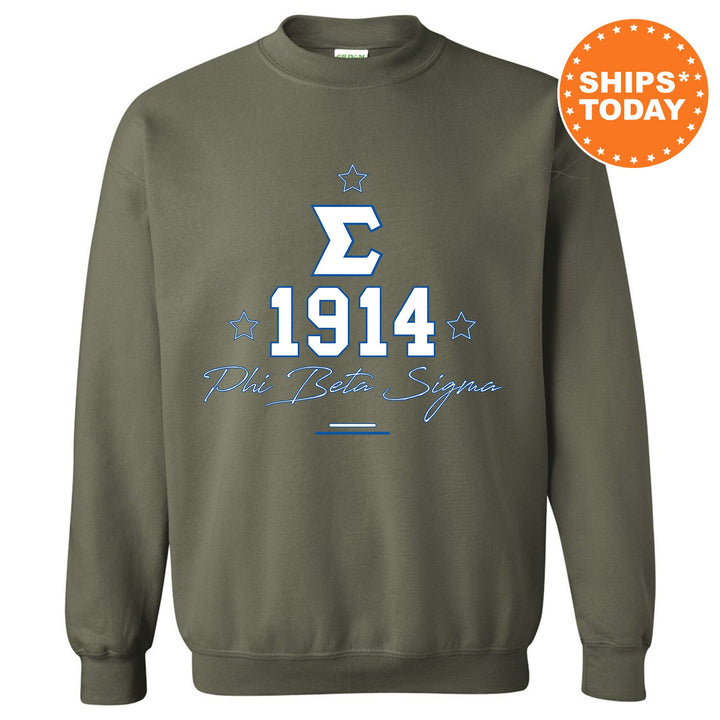 a green sweatshirt with a blue and white logo
