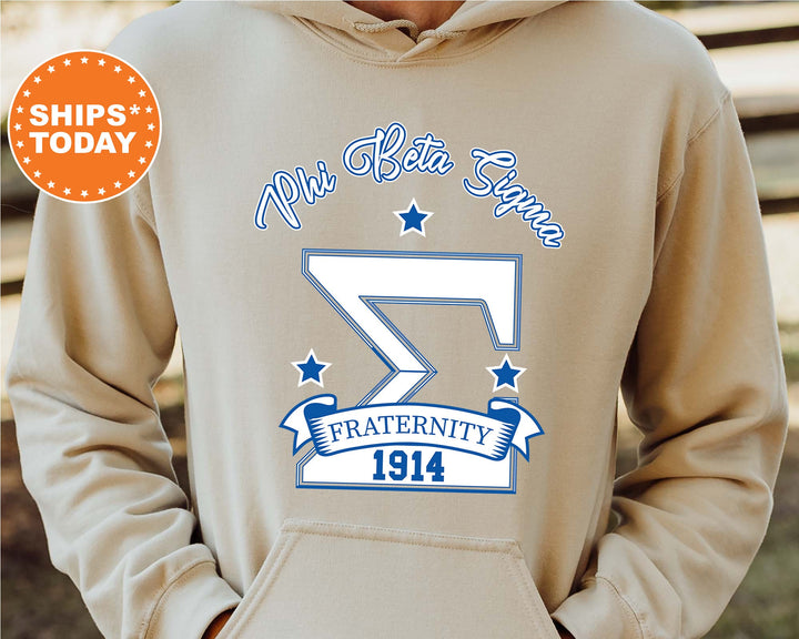 a person wearing a brown hoodie with a blue and white design on it
