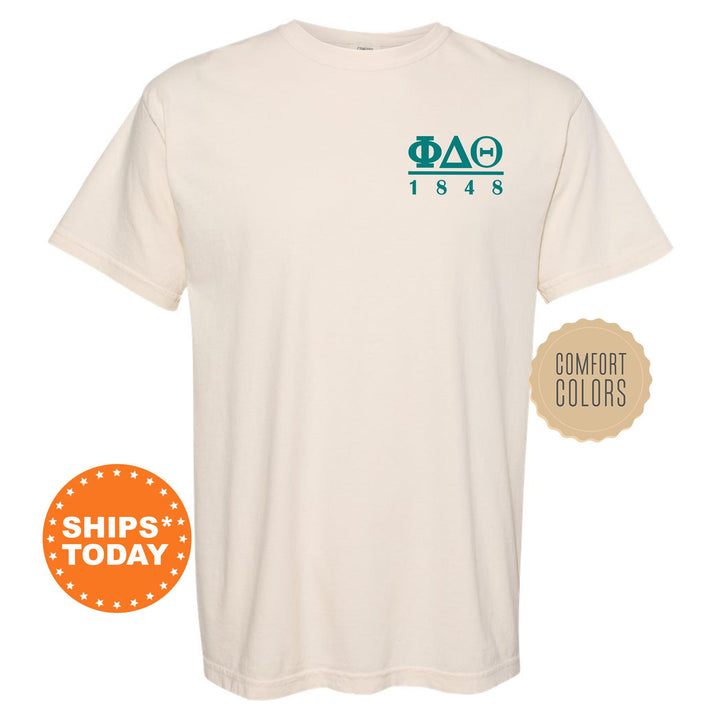 a white t - shirt with a green and blue logo