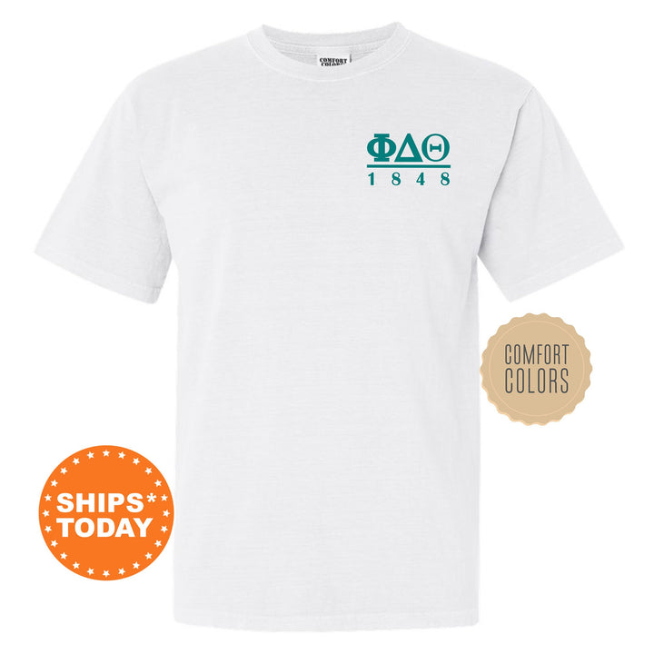 a white shirt with a green and blue logo