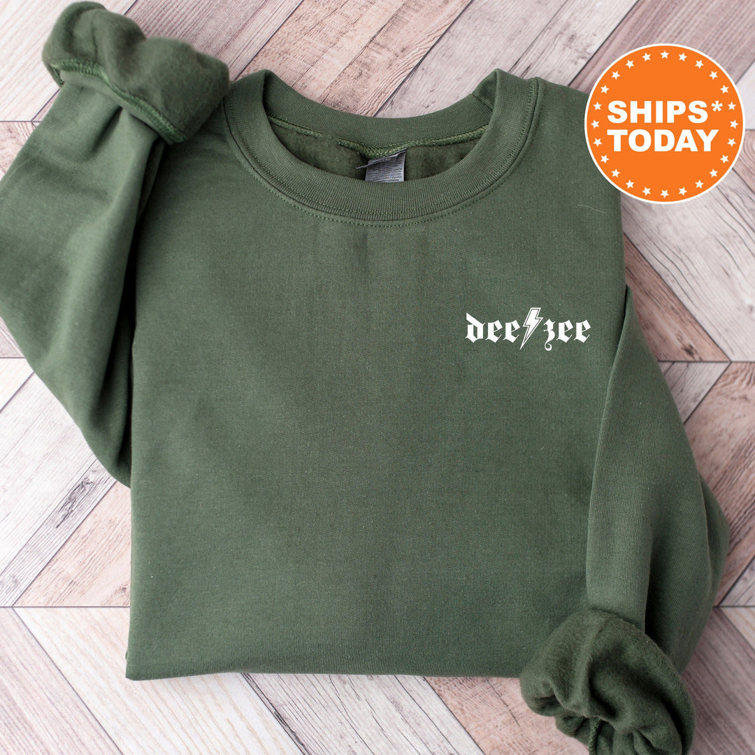 a green sweatshirt with white lettering on it