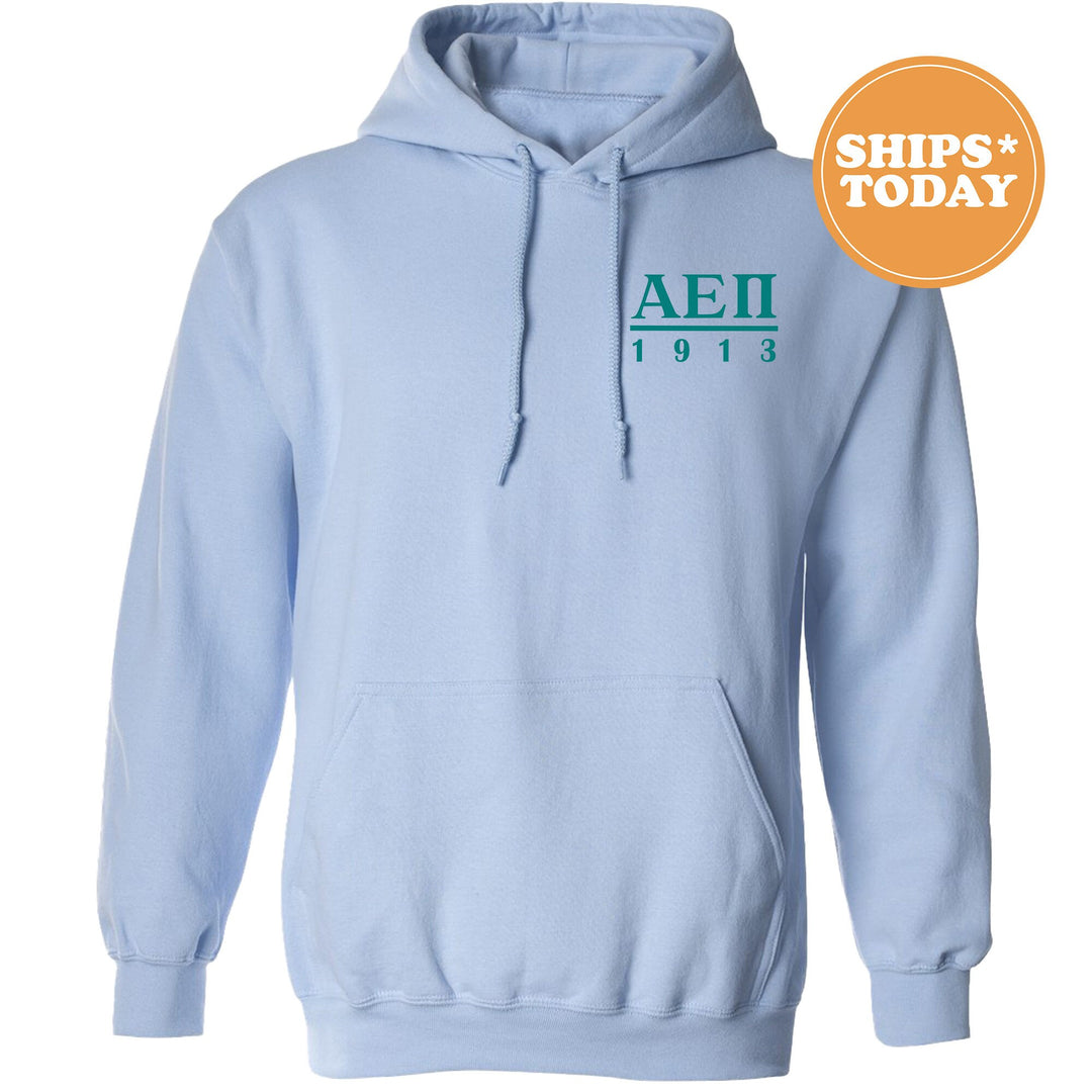 a light blue hoodie with the aei logo on it