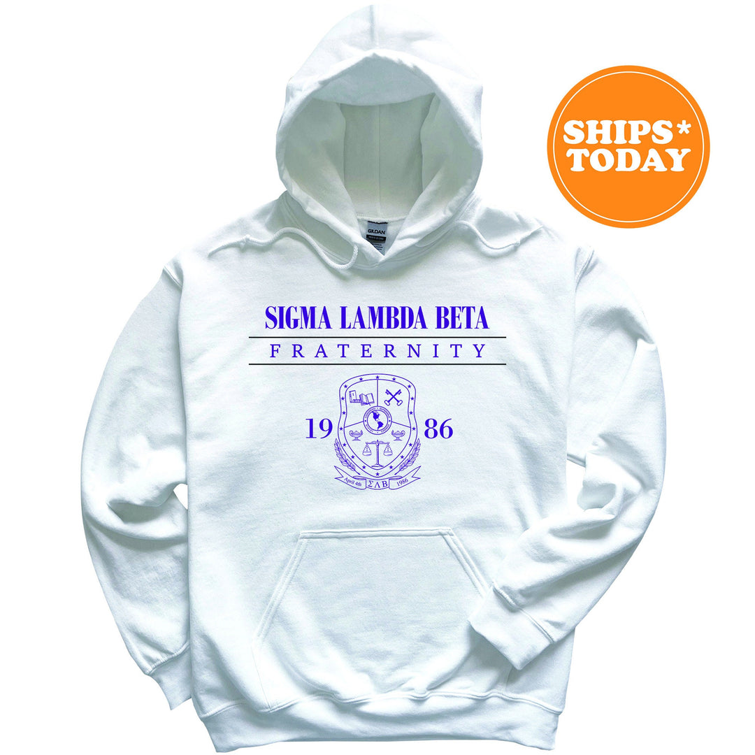 a white hoodie with a purple and blue design on it
