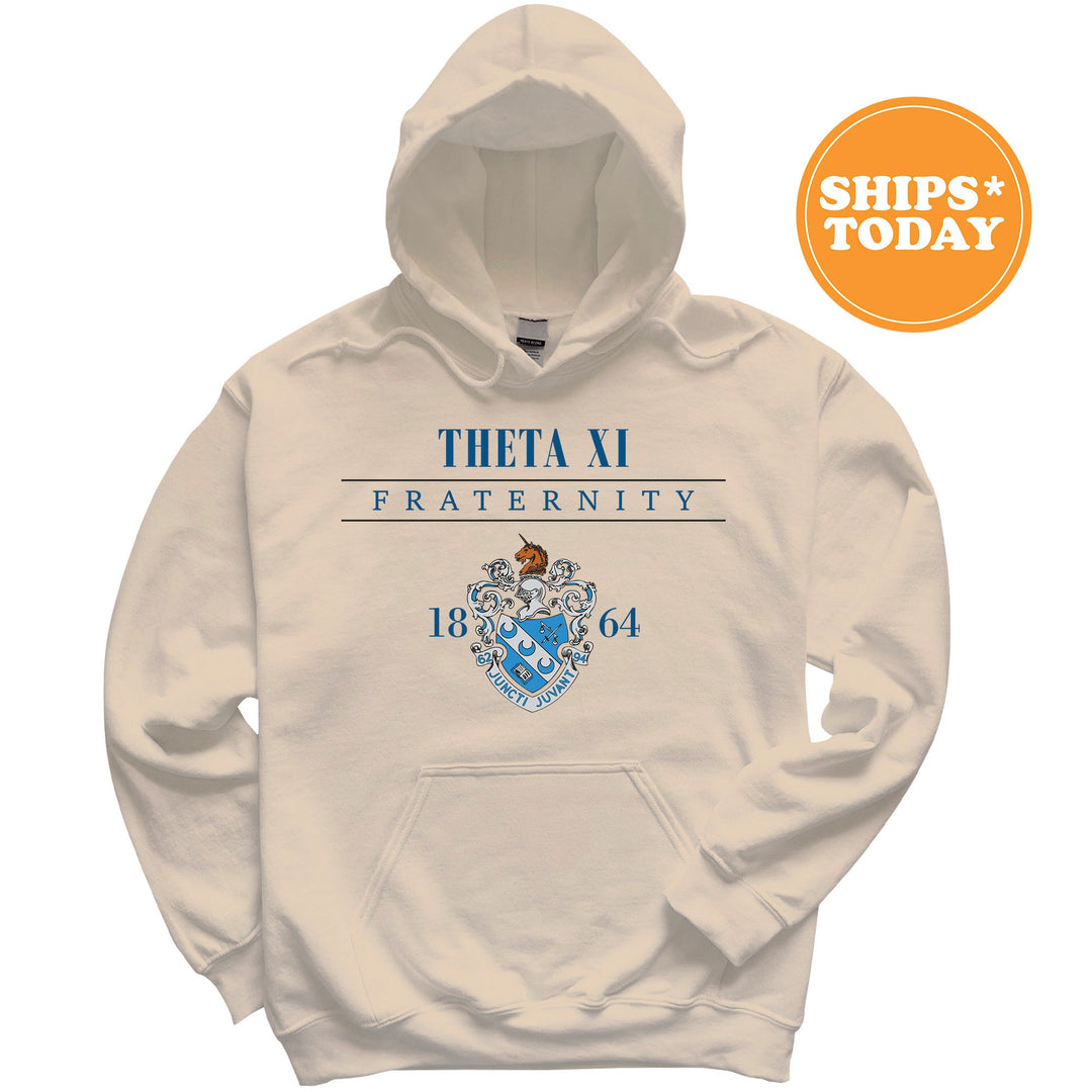a white hoodie with a blue and white crest on it
