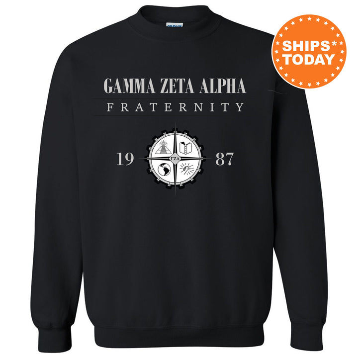 a black sweatshirt with the words gama zeta alpha fraternity on it