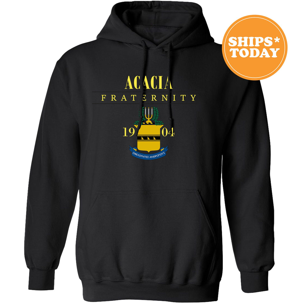 a black hoodie with the words acacia fraternity on it