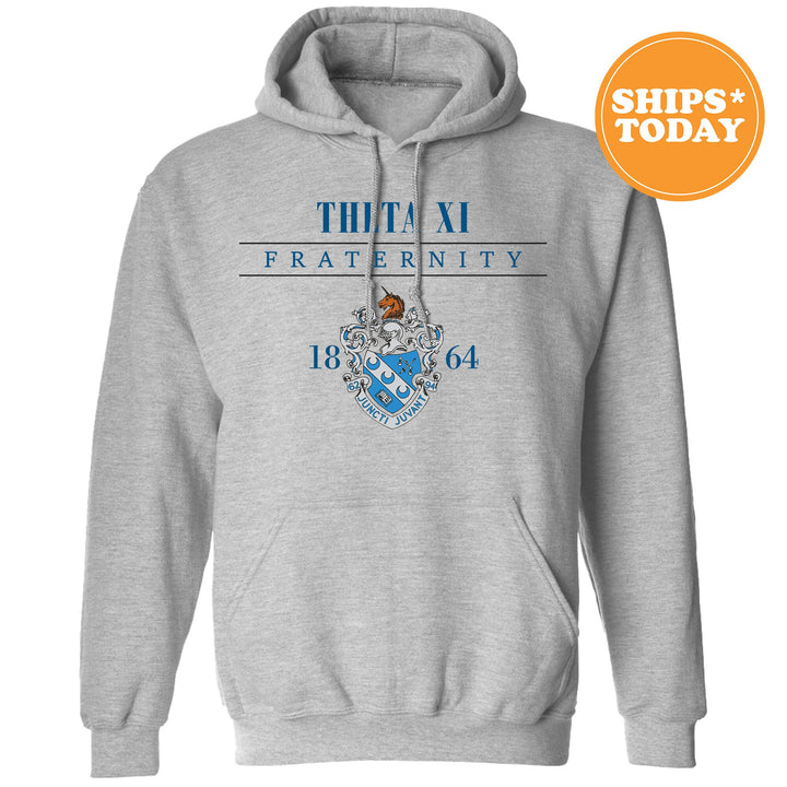 a grey hoodie with the words thomas fraternity on it
