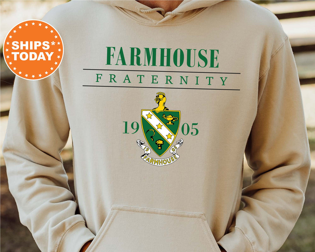 a person wearing a hoodie with the words farmhouse fraternity printed on it