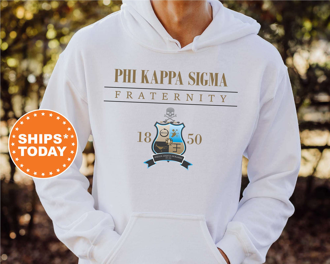 a person wearing a white hoodie with a phi kapa sign on it