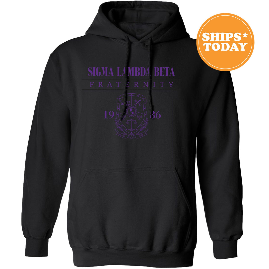a black hoodie with a purple design on it