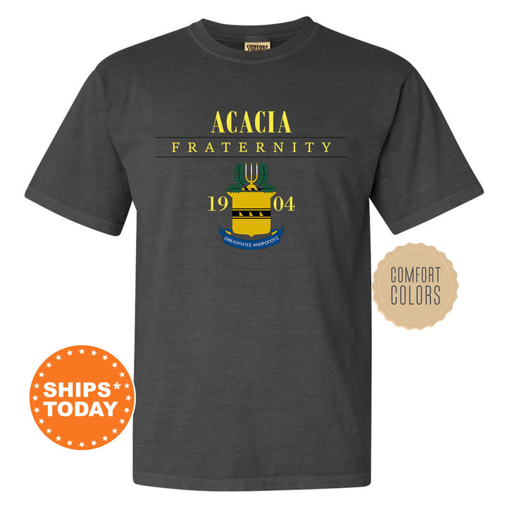 a black t - shirt with the words acacia fraternity on it