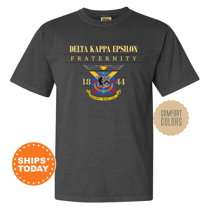 a black t - shirt with the delta kappison fraternity seal on it
