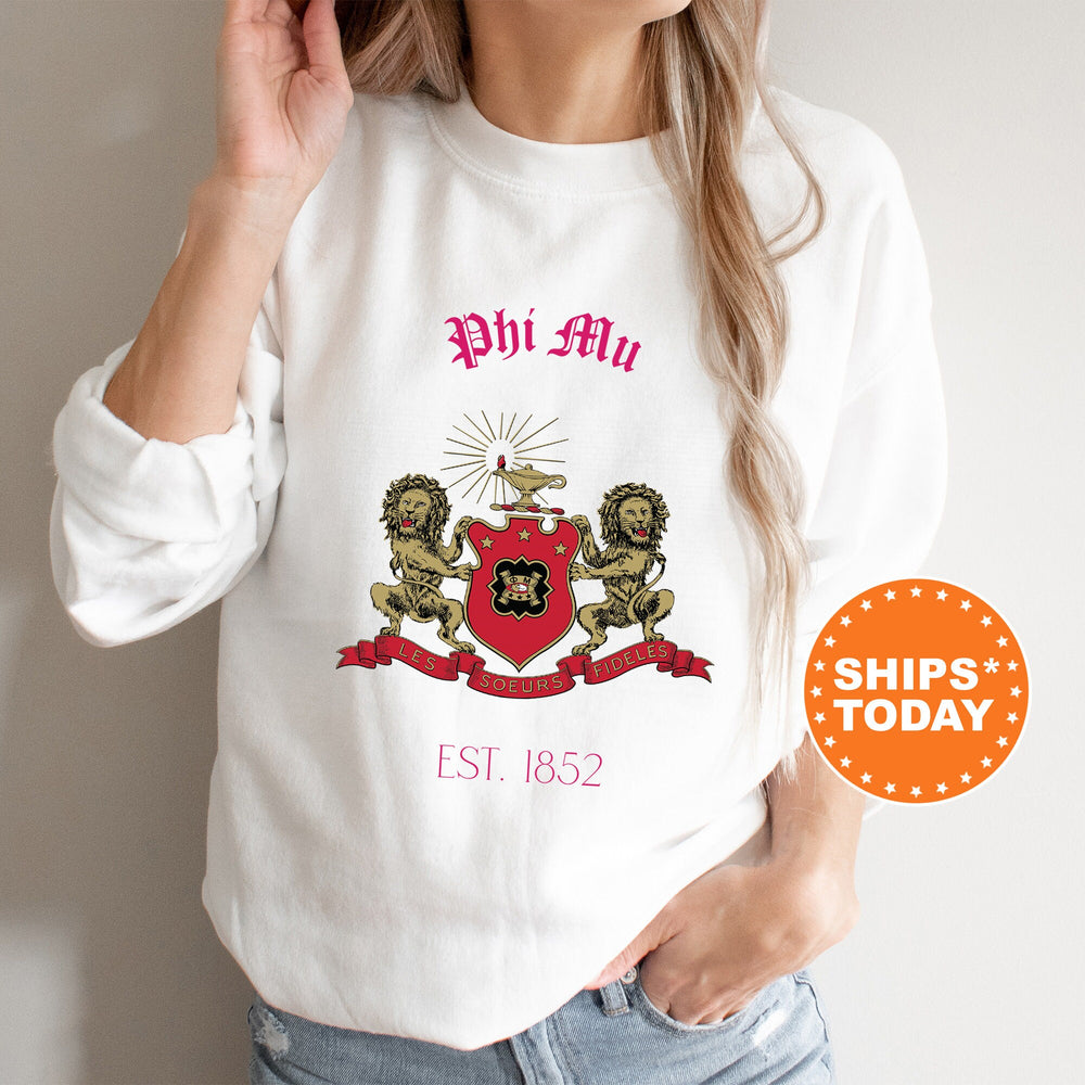 a woman wearing a phi phi phi shirt