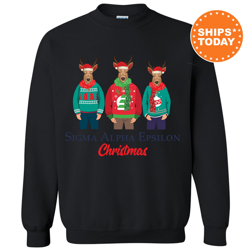 three reindeers wearing ugly ugly sweaters for christmas