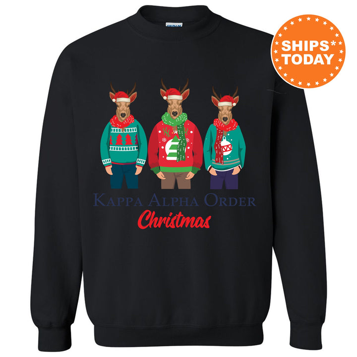 a black sweatshirt with three reindeers wearing ugly sweaters