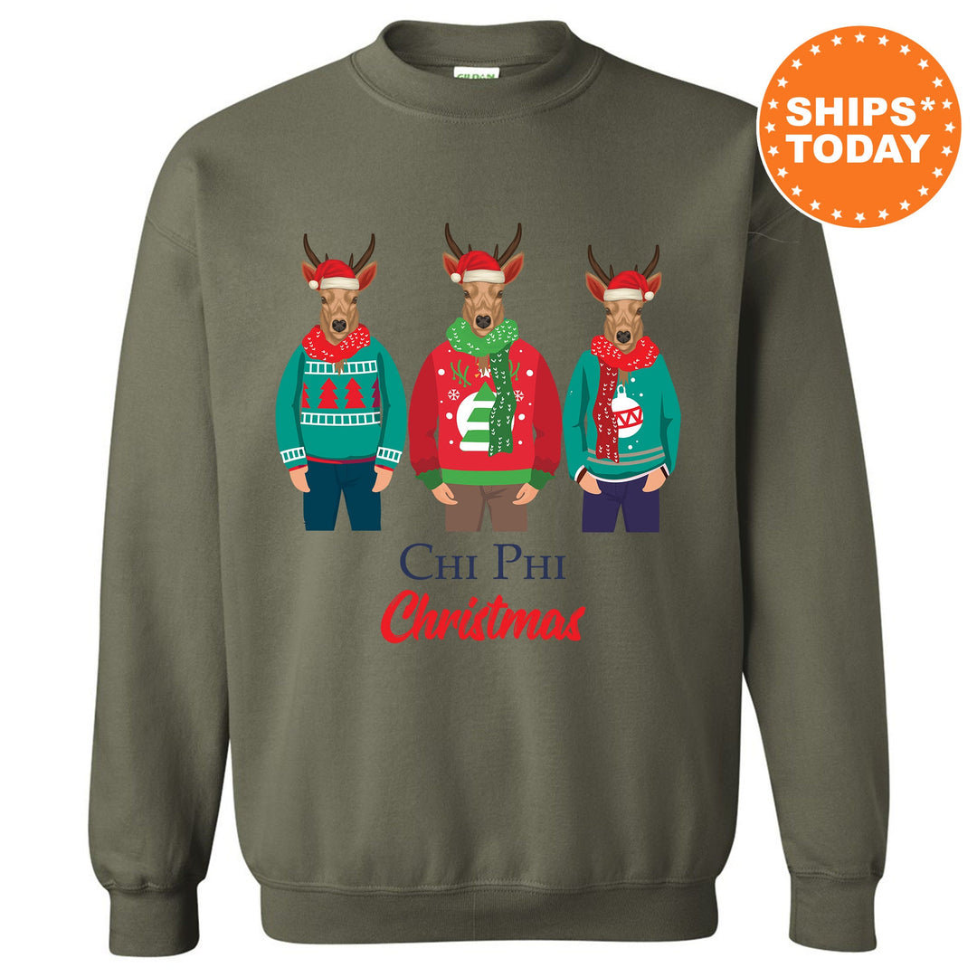 a christmas sweater with three deer wearing ugly sweaters