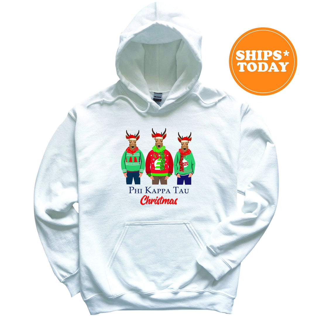 a white hoodie with two reindeers wearing ugly sweaters