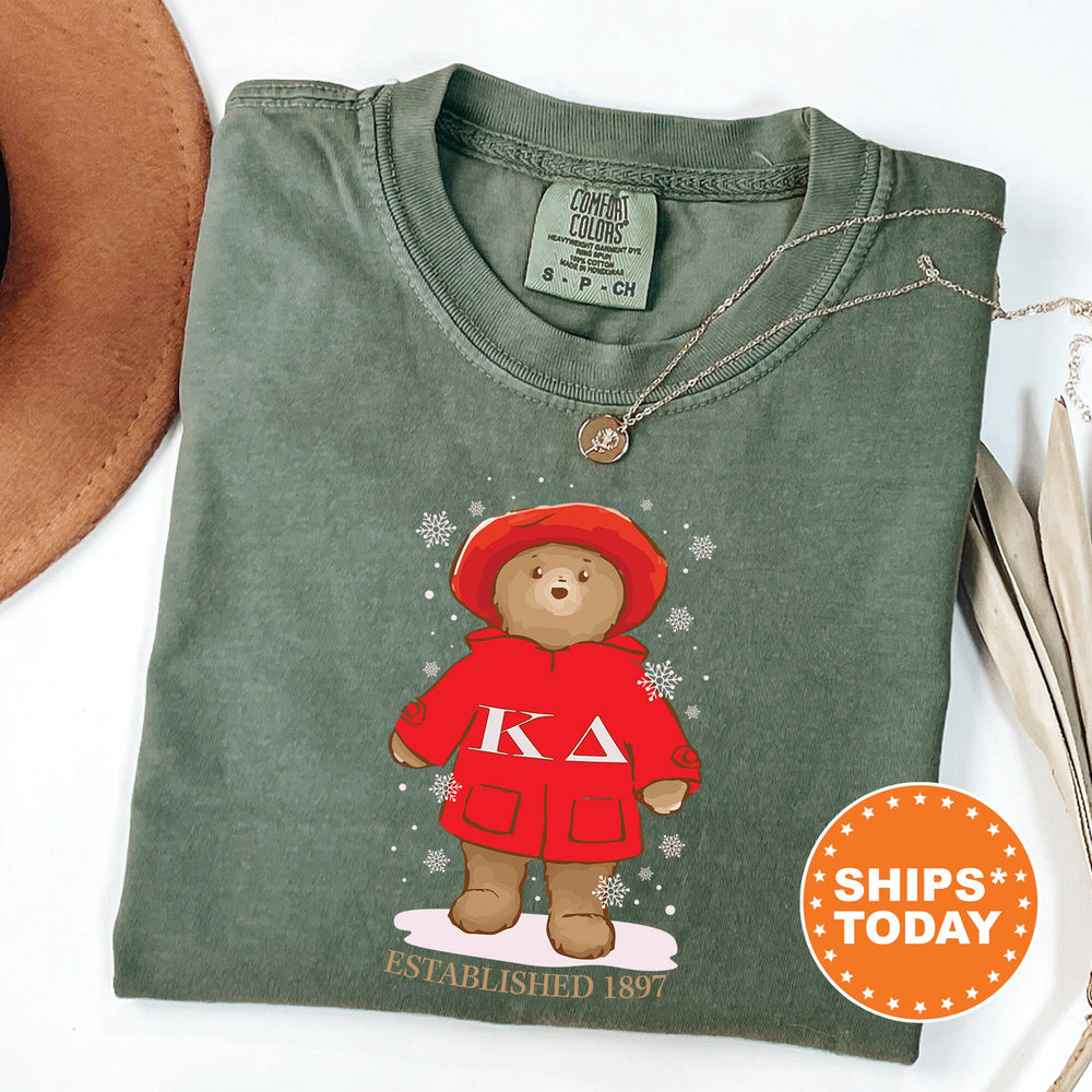 a green shirt with a picture of a teddy bear wearing a red hoodie