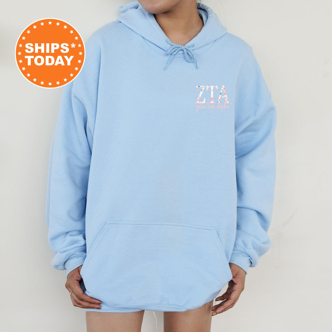 a woman wearing a blue hoodie with the words zip today on it