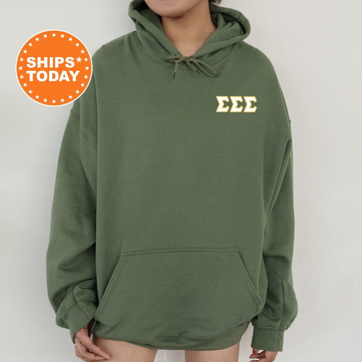 a woman wearing a green hoodie with the words eeee on it