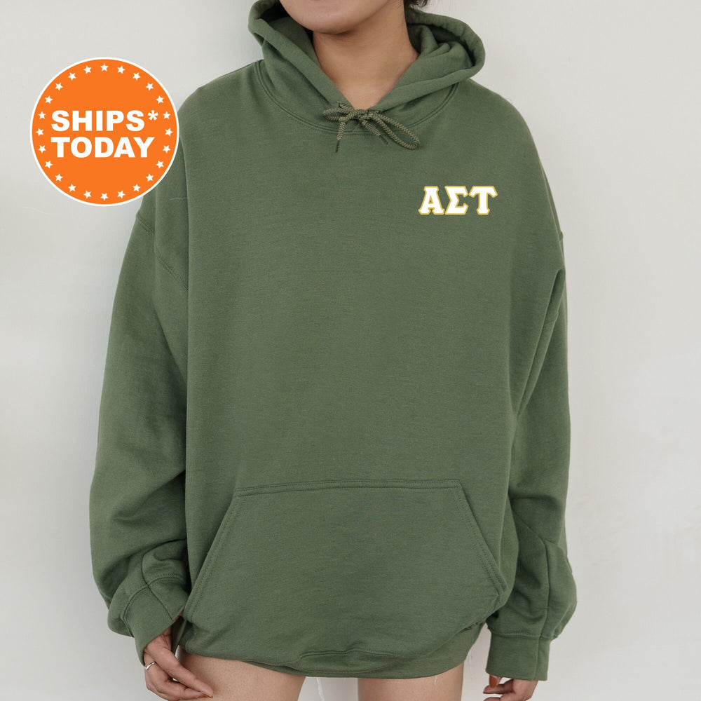 a woman wearing a green hoodie with the word act printed on it