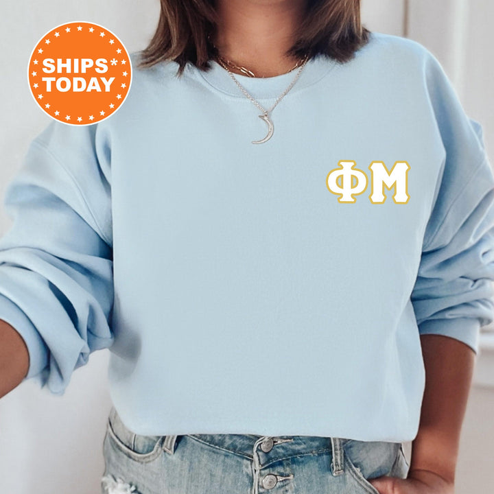a woman wearing a blue sweatshirt with a phi phi symbol on it