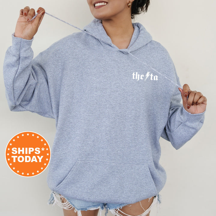 a woman wearing a blue hoodie with the words ship&#39;s today on it