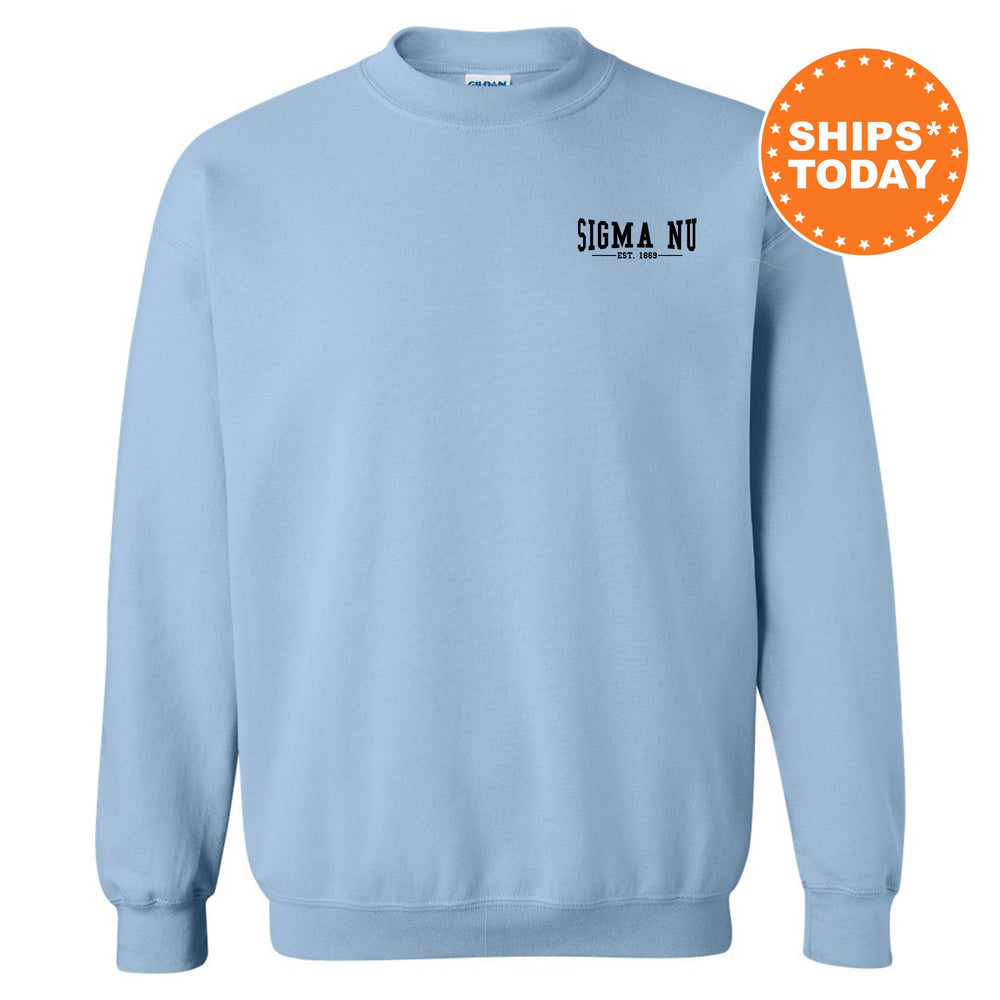 a light blue sweatshirt with a black and white logo