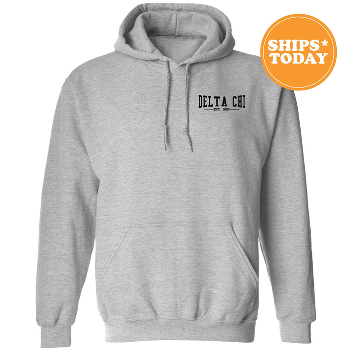 a grey hoodie with the words delta chi on it