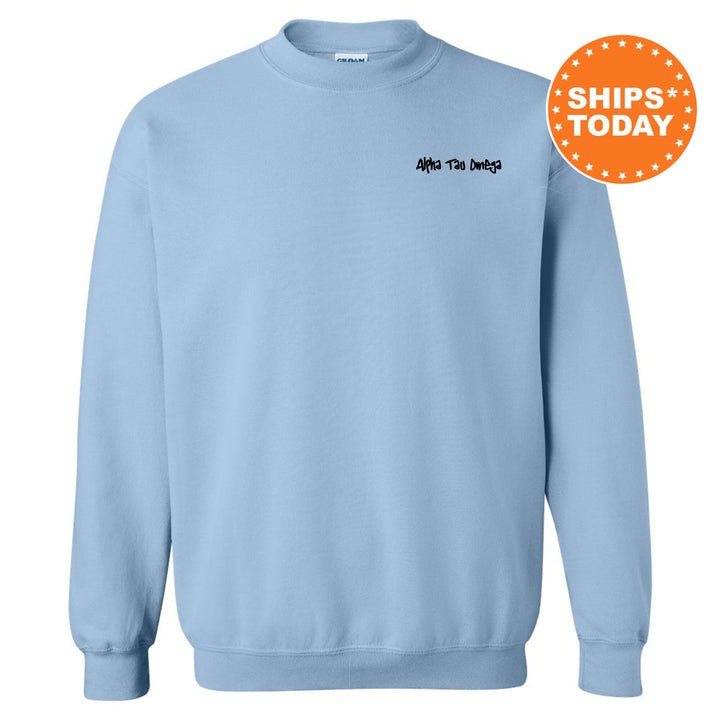 a light blue sweatshirt with a message saying ships today