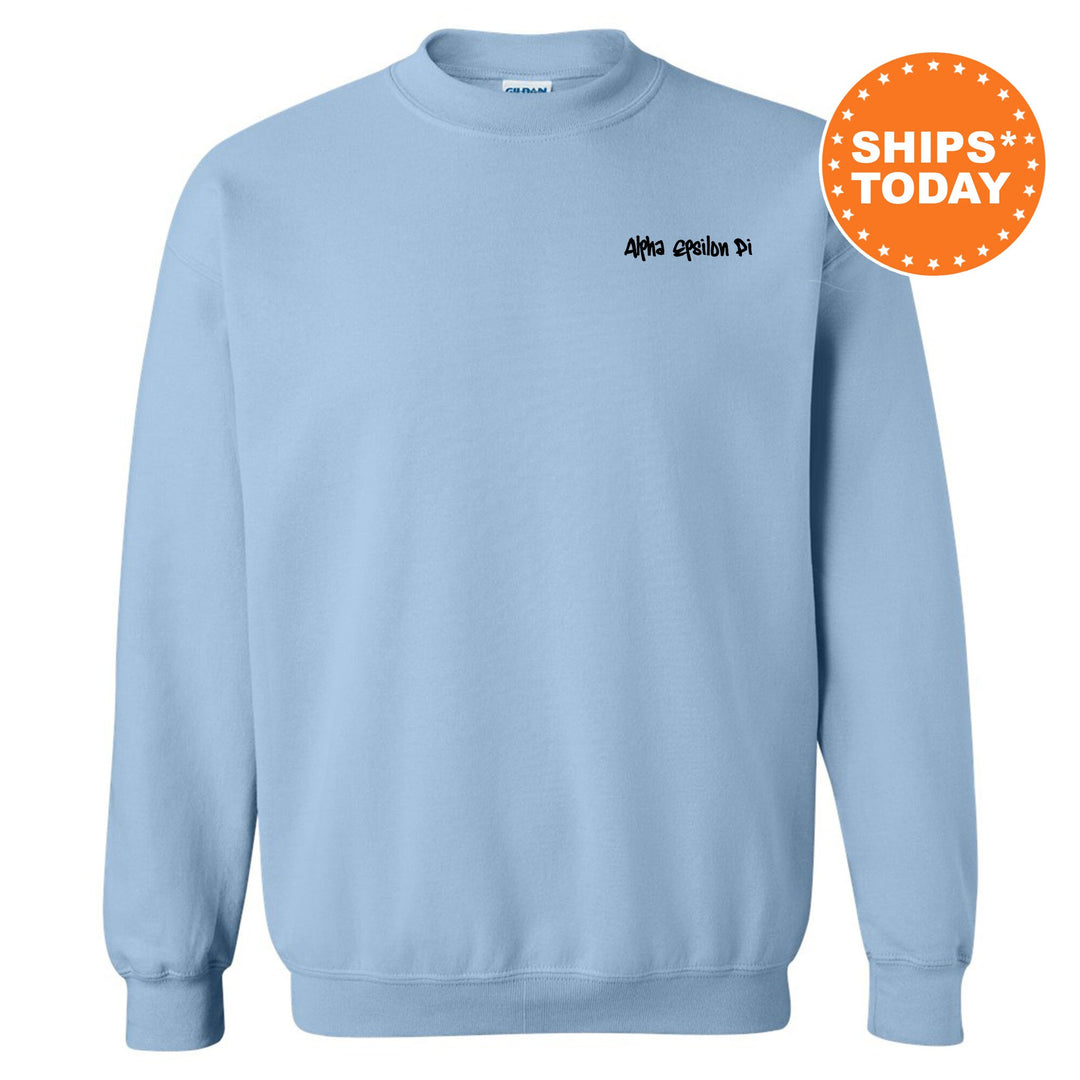 a light blue sweatshirt with a message saying, ships today