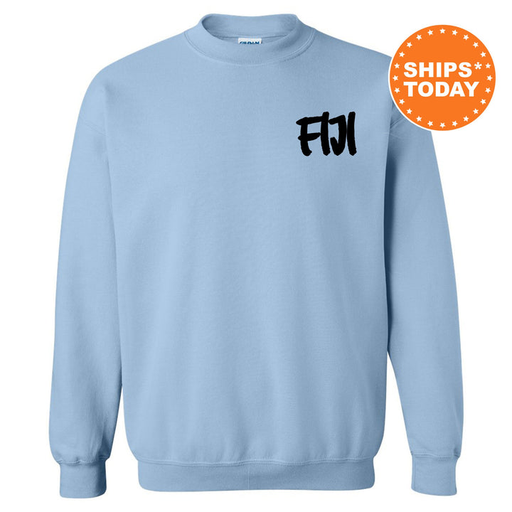 a light blue sweatshirt with the word ffu on it