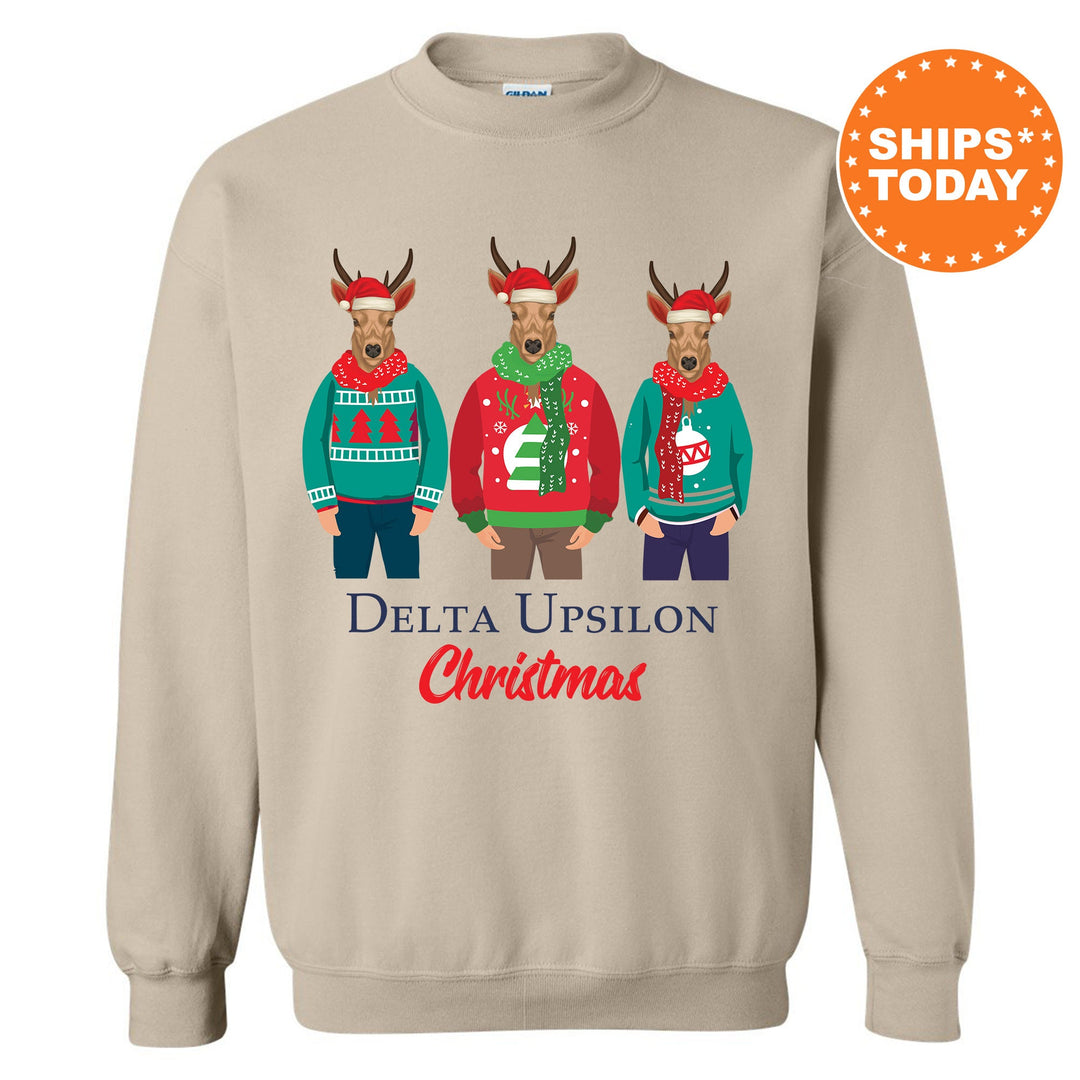 a sweatshirt with three reindeers wearing ugly sweaters