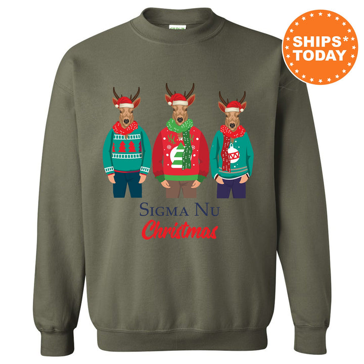 a christmas sweater with three reindeers wearing ugly sweaters