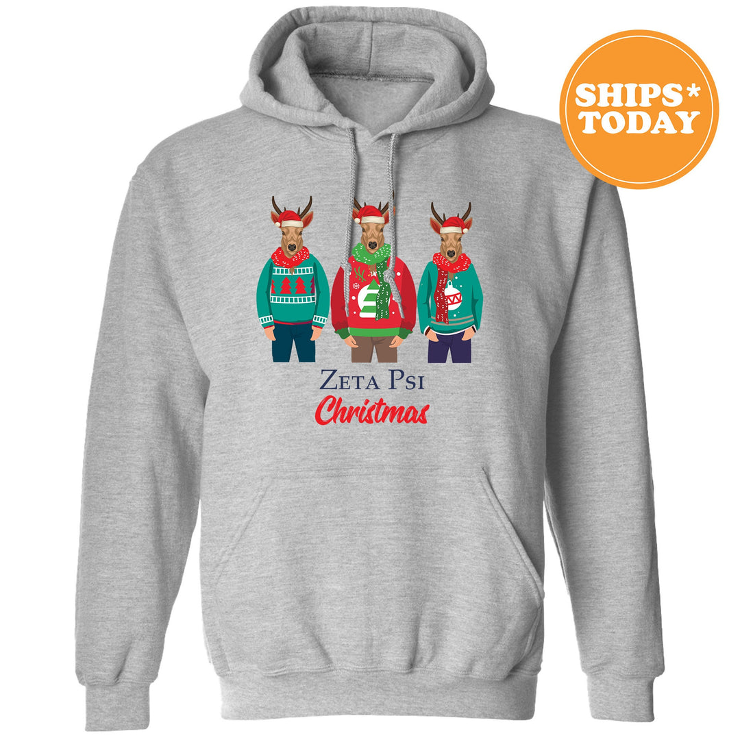 a grey hoodie with two reindeers wearing ugly sweaters