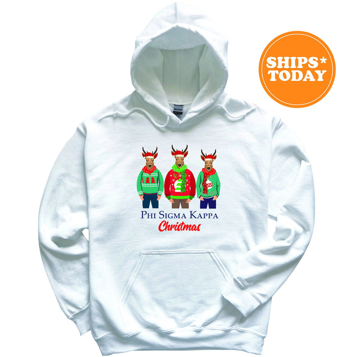 a white hoodie with three reindeers on it