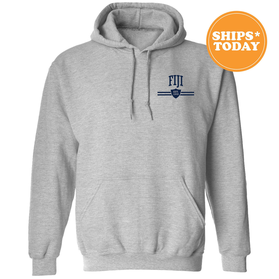 a grey hoodie with a blue logo on it