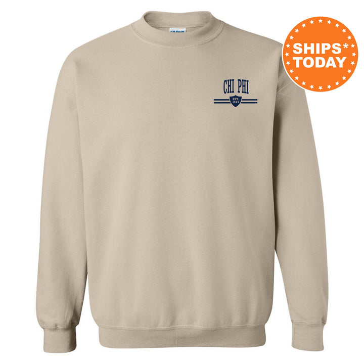 a beige sweatshirt with a blue and white logo