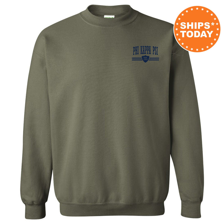 a green sweatshirt with a blue and white logo on it