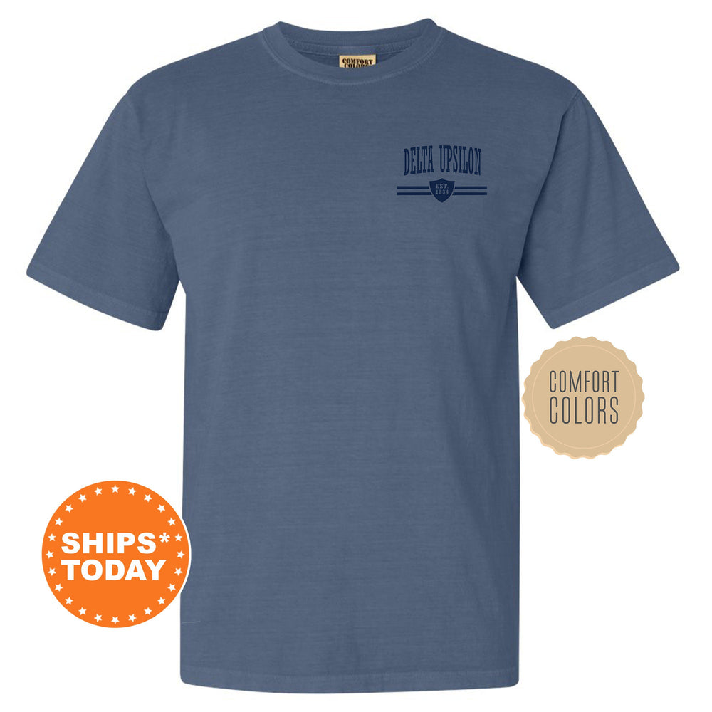 a blue t - shirt with a logo on it