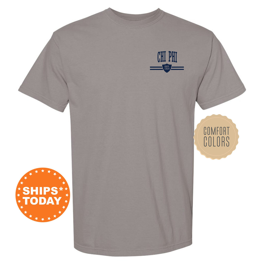 a gray t - shirt with a blue logo on it