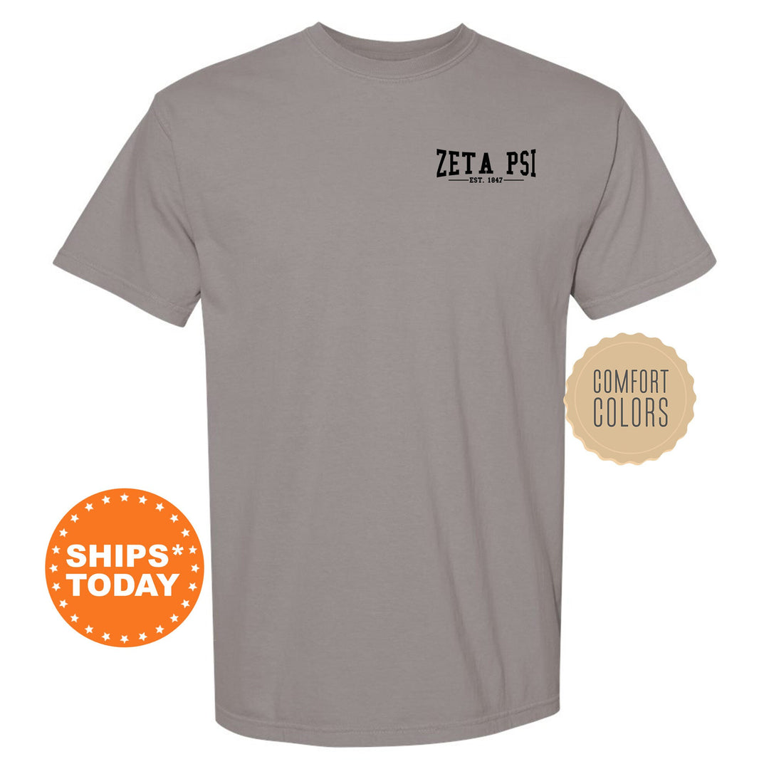 a gray t - shirt with the words zeta psi printed on it