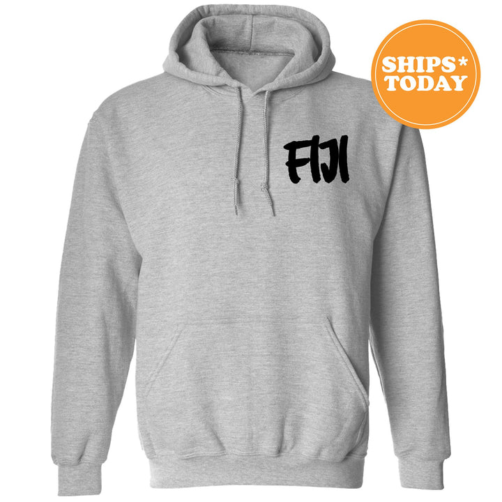a grey hoodie with the word fn printed on it